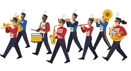 Marching Band Performing with Brass and Wind Instruments