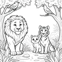 page of coloring book, group of animals in the forest