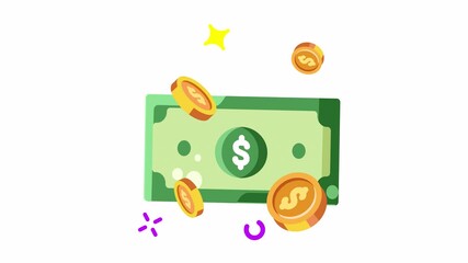 Animated Made in uk a green bill flat with dollar signs and gold coins. - Powered by Adobe