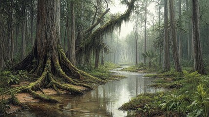 Obraz premium Serene Misty Forest Landscape with River and Lush Green Vegetation