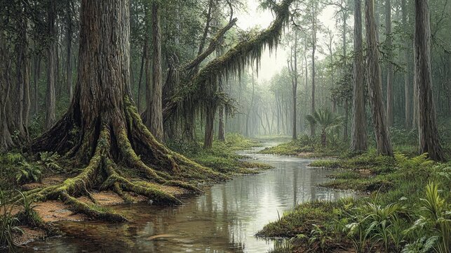 Serene Misty Forest Landscape with River and Lush Green Vegetation