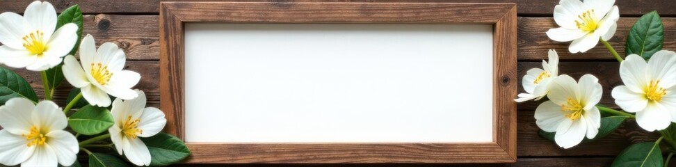 Naklejka premium Rustic wooden frame, white card mockup, delicate white flowers , floral, elegant