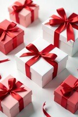 Obraz premium Several red ribbon tied Christmas gift boxes on a white table, wrapped, red ribbon