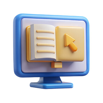 3d computer monitor showing online learning concept with open book