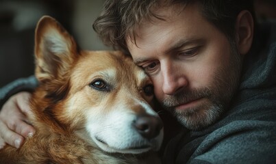 man cuddling his dog at home