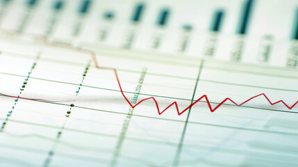 Close-up of financial chart with downward trending line symbolizing Federal Reserve rate cuts, economic recession concept, stock market volatility and investment risk analysis.