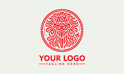 Traditional Chinese guardian lion with curled mane and paws in ornate circular frame symbolizing cultural protection. Culture concept
