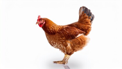Fototapeta premium Brown Hen, Farm Animal, Poultry, White Background, Feathered, Red Comb, Chicken Breed, Domestic Bird
