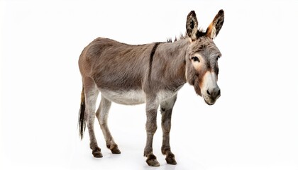 Obraz premium Grey Donkey, Farm Animal, Equine, Mammal, White Background, Isolated, Profile, Standing Pose, Hooves