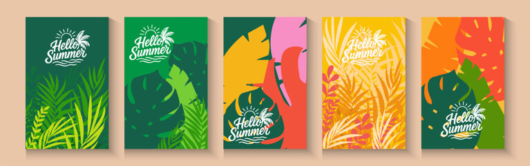 Summer greeting clipart banner poster set. spring tropical leaves with orange,strawberry, avocado, collection summer or spring poster in colorful abstract background	