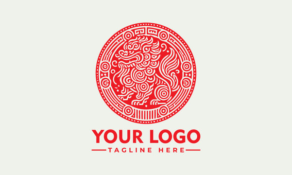 Traditional Chinese guardian lion with curled mane and paws in ornate circular frame symbolizing cultural protection. Culture concept
