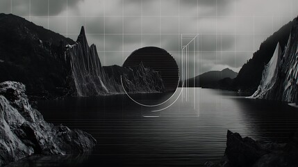 Monochrome lake with geometric futuristic overlay