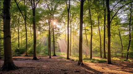 Naklejka premium Sun rays shining through forest trees