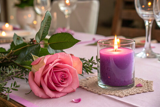 Pink rose and purple candle set for romantic evening ambiance and decor