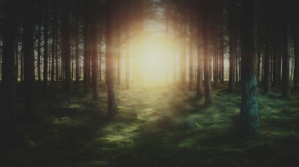 Naklejka premium Sunlight streaming through a dense forest