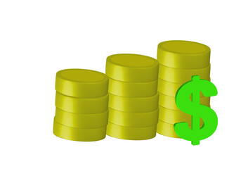A simple 3D illustration of a stacked coin icon in the form of a graph and a dollar sign.