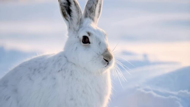 White hare sitting in deep snow illuminated by golden sunlight on a cold winter day, arctic animal camouflaged in its natural habitat