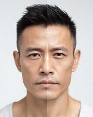 Obraz premium Compare the two unbalanced eyebrows before and after they are adjusted to be equal by care or styling.