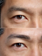Comparative images of Asian men before and after microblading, semi-permanent eyebrow tattooing that emphasizes smoothness like real hair.