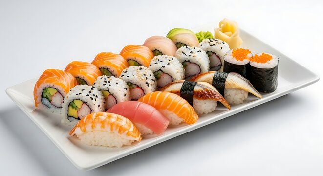 An assortment of sushi rolls and nigiri displayed on a white rectangular plate