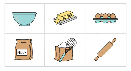 Illustration showing baking ingredients including flour eggs butter and utensils on a white background