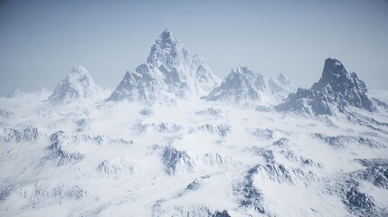 Icy mountain range under a misty sky