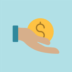 Flat icon of hand giving coin and dollar, perfect for charity, donation, NGO, and giving-related visuals.
