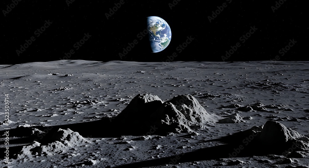 Wall mural view of earth from the moon surface with craters and dark black background