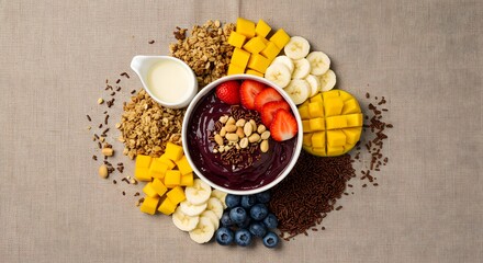 Artistic composition of an açaí bowl with ingredients arranged in a radial pattern by color and type on a rustic background, blending visual beauty and educational purpose
