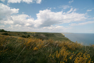 View of the Volga River and blooming fields, Samara region, Russia.