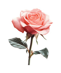 Single Elegant Pink Rose with Green Leaves on Isolated Background