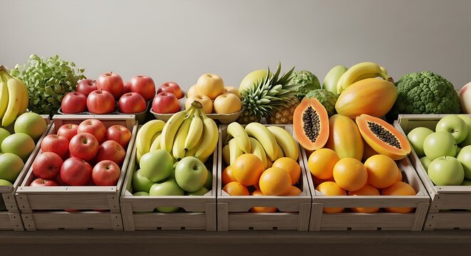 Assorted fresh fruits in wooden crates including apples bananas and papaya