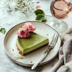Delicious matcha cheesecake with roses.
