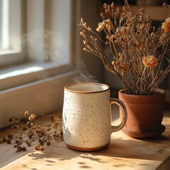 Cozy coffee mug beside dried flowers.