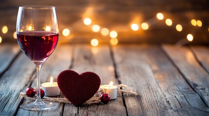 A glass of wine placed next to a heart shaped decoration on a wooden table with candlelight flickering