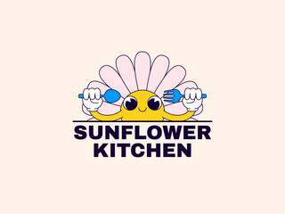 Playful cartoon sunflower mascot holding a fork and spoon, perfect for food brands or kids’ kitchen branding.
