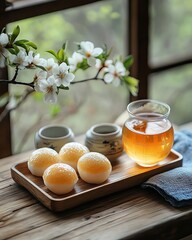 Delicious dessert with tea on a wooden table.
