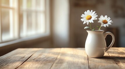Fresh daisies in a vase on a wooden table.