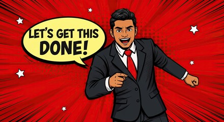 Motivated businessman in a pop art style illustration, wearing a suit and red tie, against a red background with radiating lines and speech bubble.