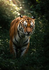 Naklejka premium Majestic tiger in sunlit forest celebrating international tiger day