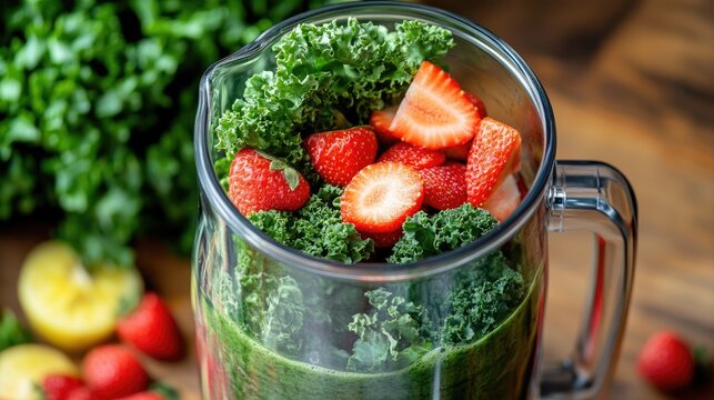Healthy smoothie ingredients in blender pitcher.