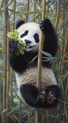 Obraz premium A playful panda cub enjoys a meal of bamboo.