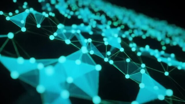 A vibrant digital illustration depicting a complex network or a technological grid. It features interconnected nodes and lines, some of which are hexagons containing various abstract icons like a glob