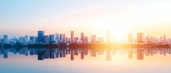 Fototapeta premium Sunrise Over City Skyline Reflection