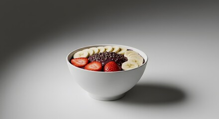 Photography of açaí in a white bowl with sliced banana and strawberry, soft lighting and monochromatic background to emphasize the purity and naturalness of the dish