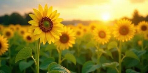 Obraz premium Single sunflower facing sun, tall stem, green leaves, vibrant, bloom