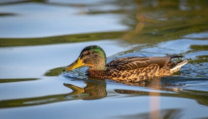 Obraz premium Striking Image of a Mallard Duck Swimming Gracefully on Calm Waters Surface