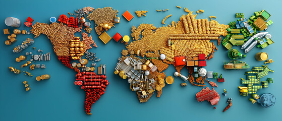 Abstract World Map Composed Of Multicolored Blocks