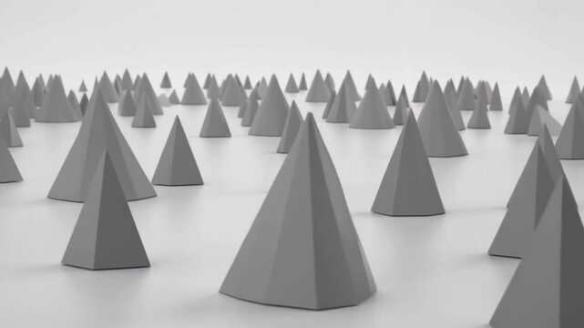 Many small gray coneshaped objects are arranged on a white surface in a spaced pattern