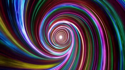 Multicolored spiral tunnel with bright light at center bands of color curving into a vortex - Powered by Adobe